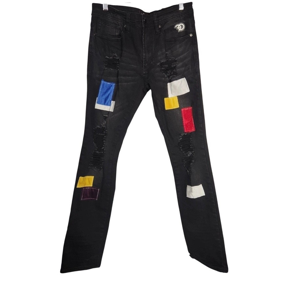 Frost Origs Distressed Patchwork Jeans Mens 32 Black Ripped Streetwear Urban - Picture 2 of 16